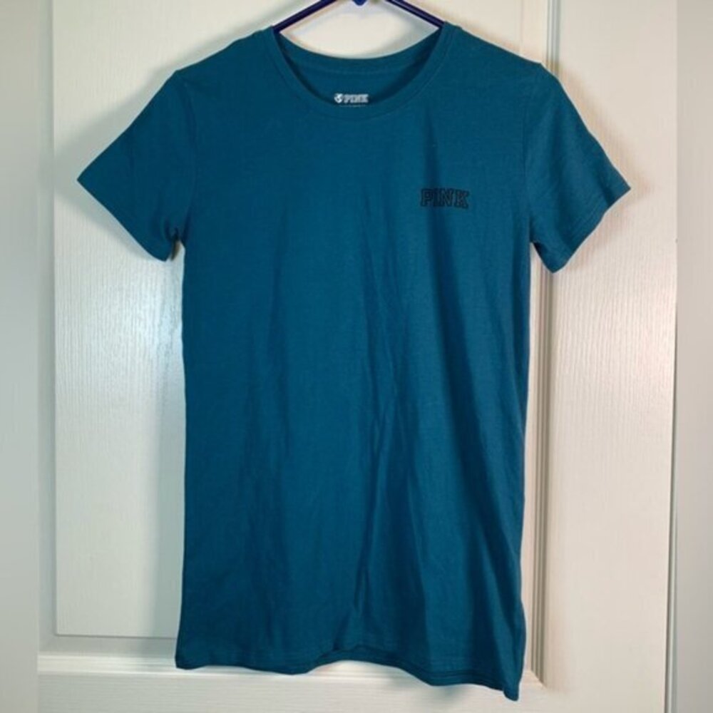 Pink Victoria's Secret Teal Shirt Chest Logo Back Side Graphic Shirt Size XS NWT